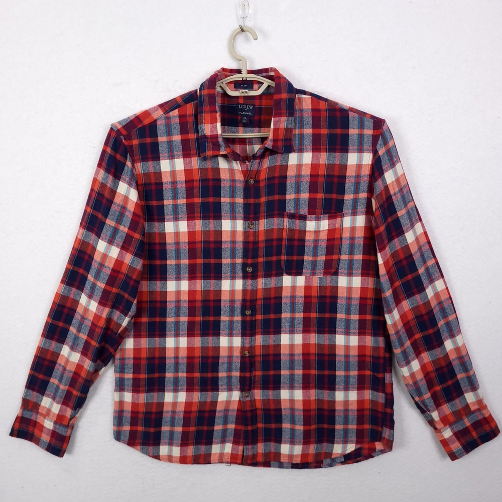 J Crew Button Up Shirt Slim Fit Flannel XL Red Navy Blue Plaid Cotton Preppy